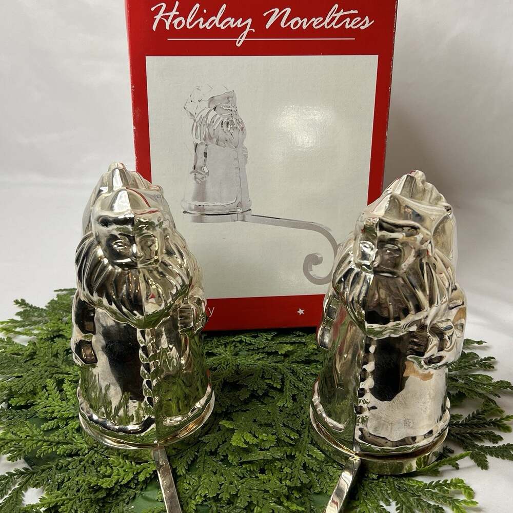 Set of 2 Silver Santa Claus Stocking Hangers Christmas Metal Distressed Patina